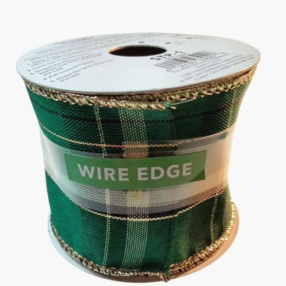 Green Plaid Ribbon Wire Edge 4 Yards Decorative Christmas Craft - Picture 2 of 6